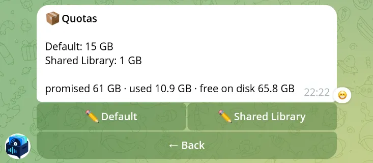 The Admin > Quotas screen with the default and shared quotas, promised space, and free disk space.