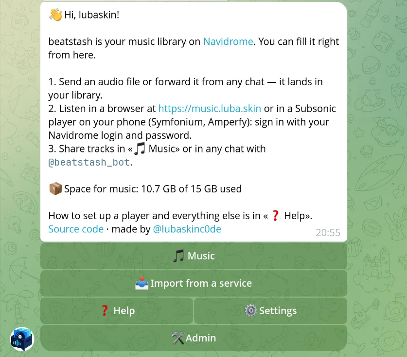 The home screen of the bot with the Music, Import from a service, Help, and Settings buttons.