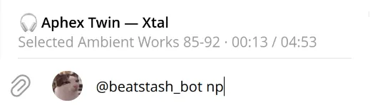 A group chat where someone typed @your_music_bot np and the bot suggests the track playing now.