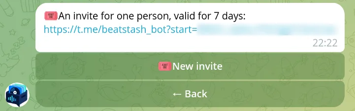 The Invite screen of the bot with a fresh one-time invite link and the New invite button.