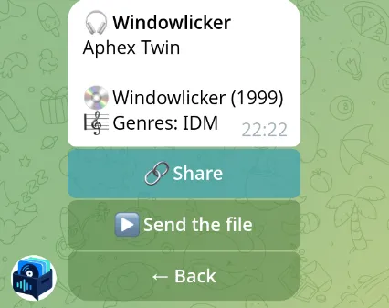 A track card in Music > Mine with the Send the file and Share buttons.
